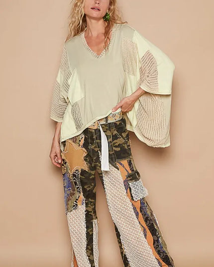 POL High-Low Contrast V-Neck Top - Sleekdenim.com