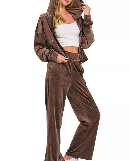 Zenana Velvet Zip Up Hoodie and Pants Set - Sleekdenim.com