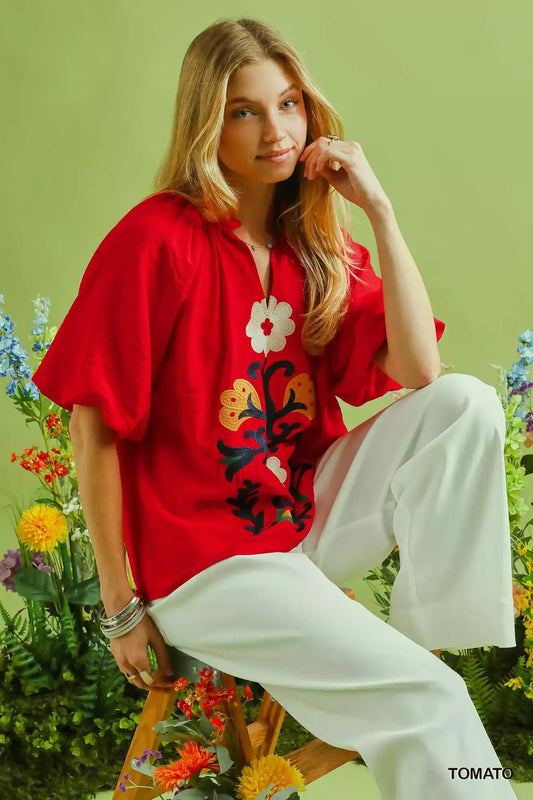 Umgee Embroidered Boho Puff Sleeve Blouse - Sleekdenim.com