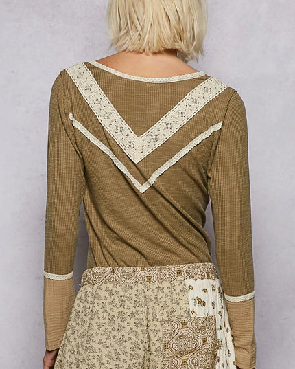 POL Ribbed Half Button Lace Detail Knit Top - Sleekdenim.com