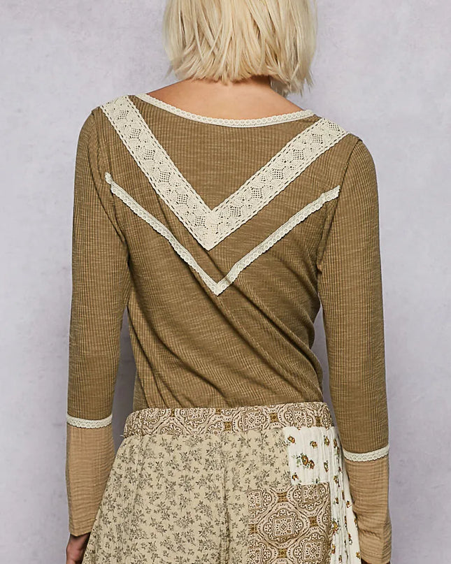 POL Ribbed Half Button Lace Detail Knit Top - Sleekdenim.com