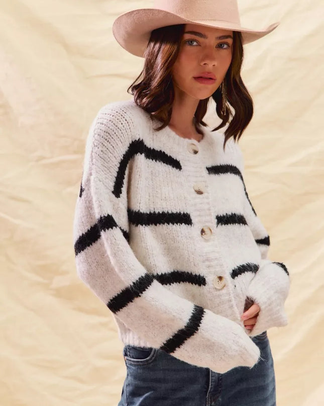 SO ME Stripe Soft Touch Button Cozy Sweater Cardigan - Sleekdenim.com