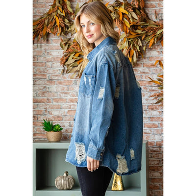 Distressed Denim Shirts Jacket: Medium Wash