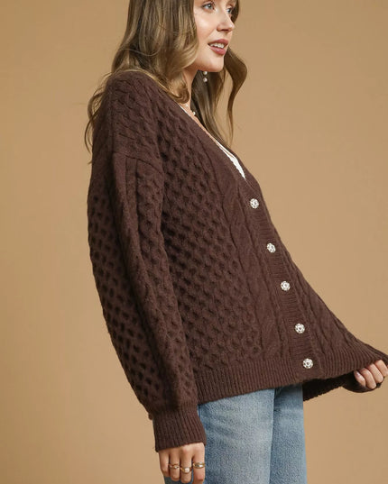 Umgee Cable Knit Pearl Button Cardigan - Sleekdenim.com
