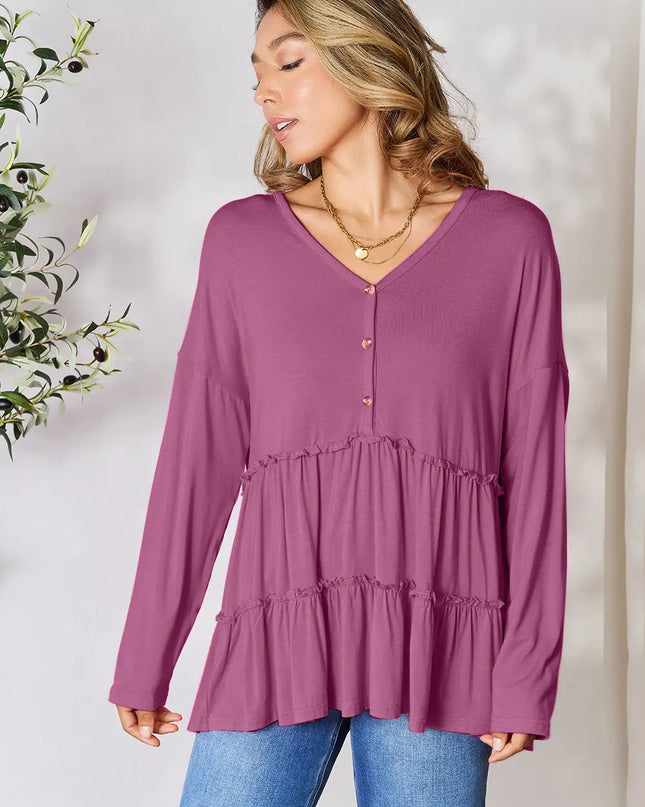 Double Take Half Button Long Sleeve Ruffle Hem Blouse - Sleekdenim.com