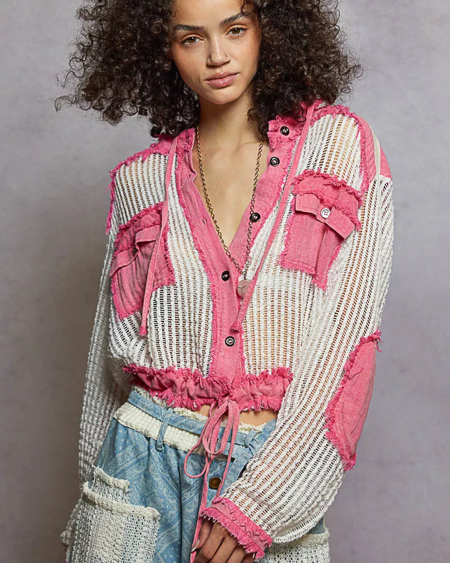 POL Texture Woven Button Down Hooded Shirt with Drawstring Hem - Sleekdenim.com