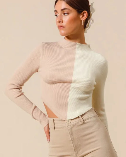 SO ME Color Block Fitted Crop Sweater Top - Sleekdenim.com