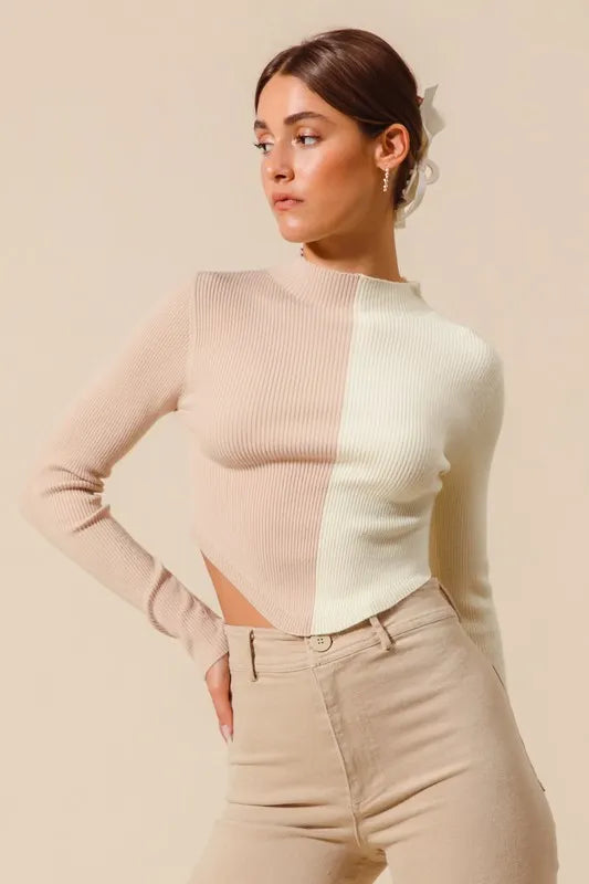 SO ME Color Block Fitted Crop Sweater Top - Sleekdenim.com