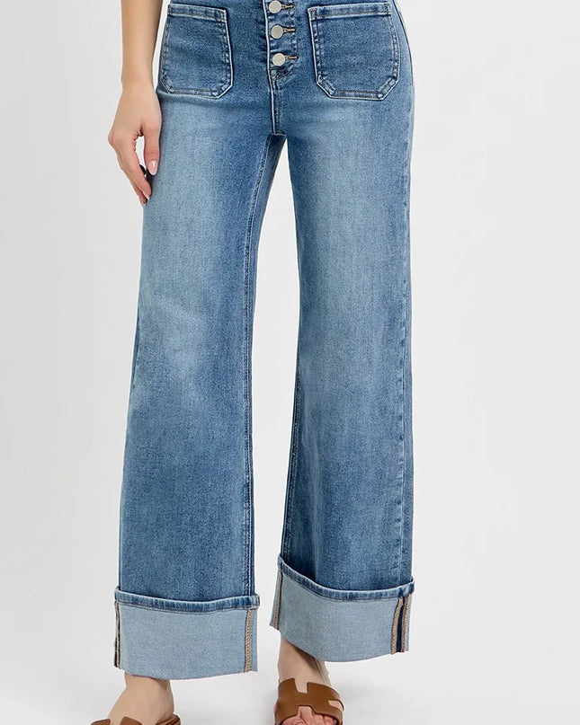 RISEN High Rise Ankle Wide Button Patch Pocket Cuffed Jeans - Sleekdenim.com