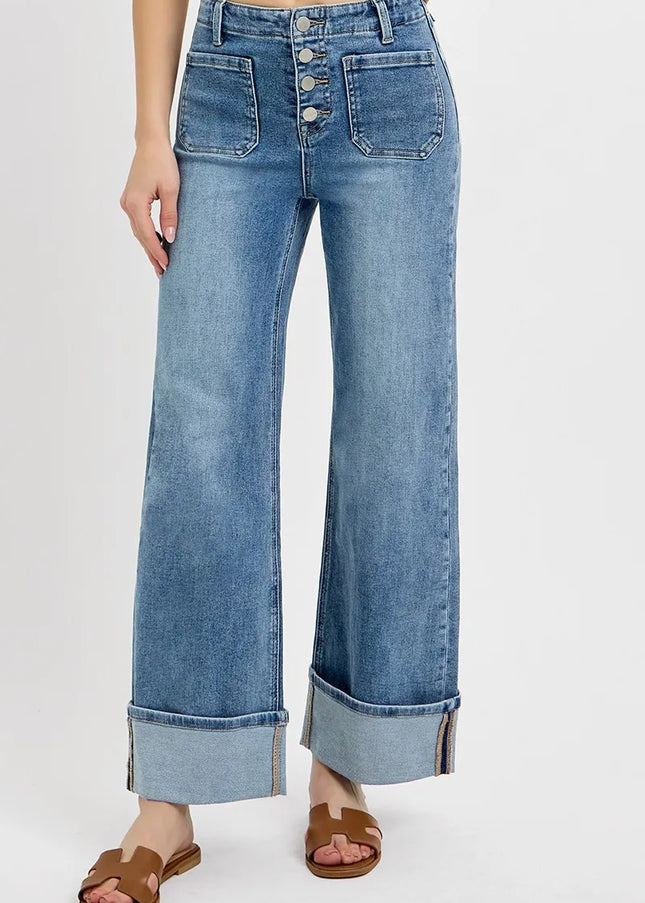 RISEN High Rise Ankle Wide Button Patch Pocket Cuffed Jeans - Sleekdenim.com