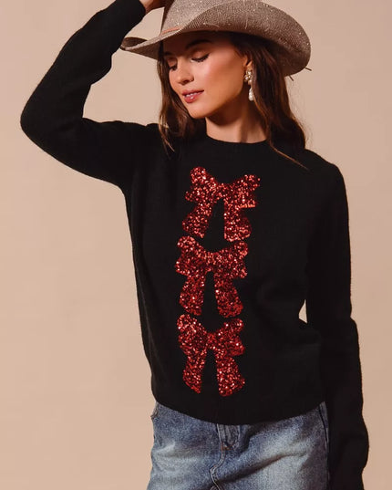 SO ME Sequins Bow Ribbon Embellished Christmas Sweater - Sleekdenim.com