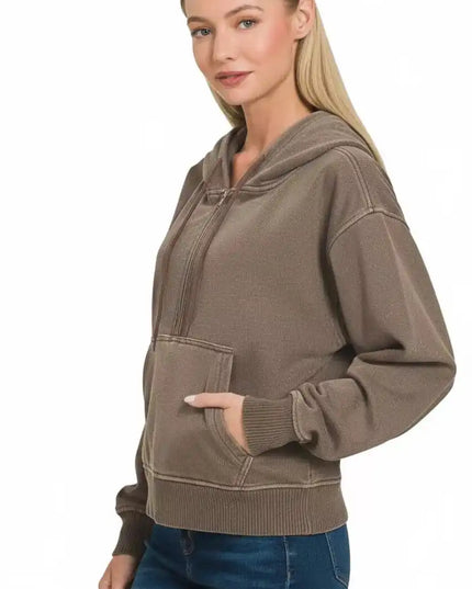 Zenana Fleece Pigment Dye Half Zip Kangaroo Pocket Hoodie - Sleekdenim.com