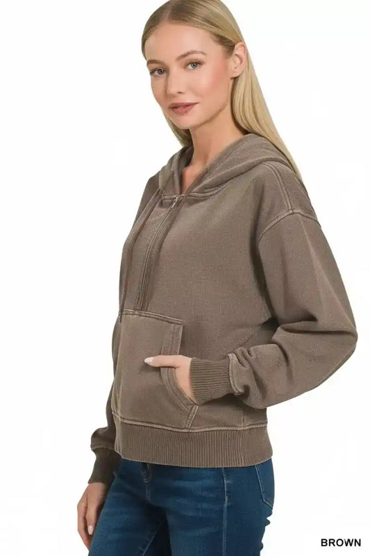 Zenana Fleece Pigment Dye Half Zip Kangaroo Pocket Hoodie