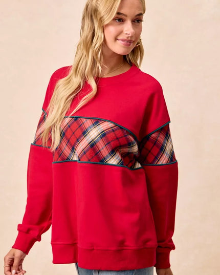 BiBi Christmas Theme Plaid Block Sweatshirt with Binding - Sleekdenim.com