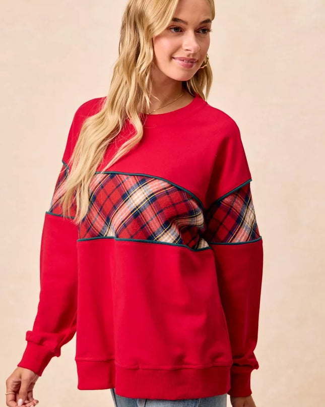BiBi Christmas Theme Plaid Block Sweatshirt with Binding - Sleekdenim.com