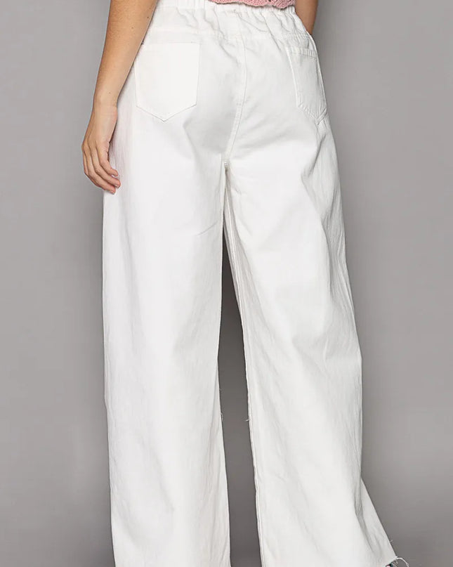 POL Distressed Drawstring Slit Wide leg Pants - Sleekdenim.com