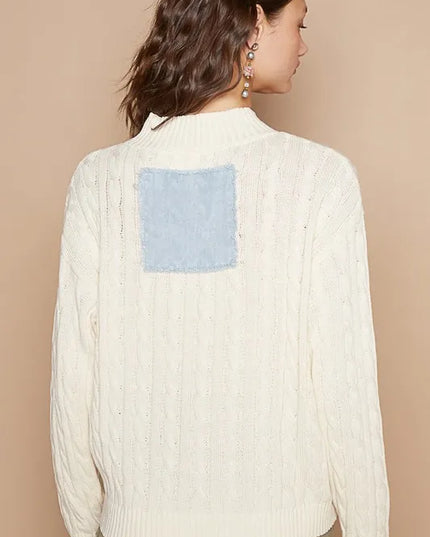 POL Cable-Knit Peace Patch Dropped Shoulder Sweater - Sleekdenim.com