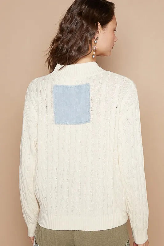 POL Cable-Knit Peace Patch Dropped Shoulder Sweater - Sleekdenim.com