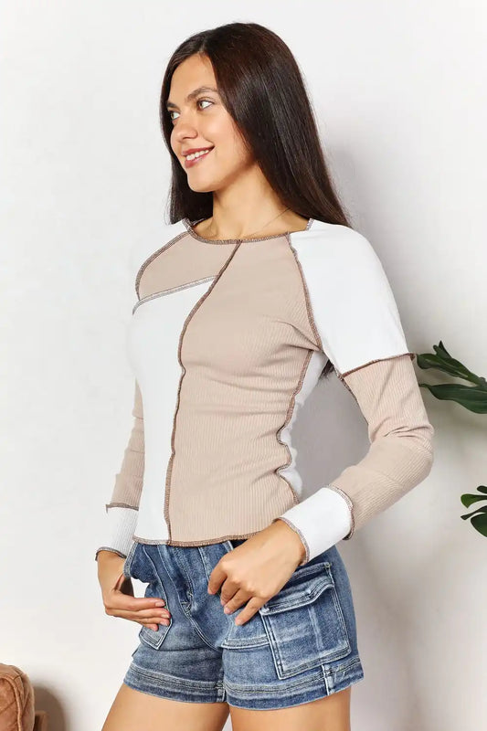 Double Take Color Block Exposed Seam Sweatshirt