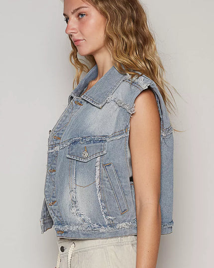 POL Assymetrical Front Closure Raw Hem Denim Vest - Sleekdenim.com