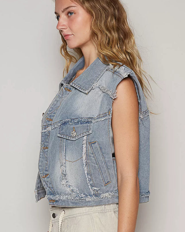 POL Assymetrical Front Closure Raw Hem Denim Vest - Sleekdenim.com