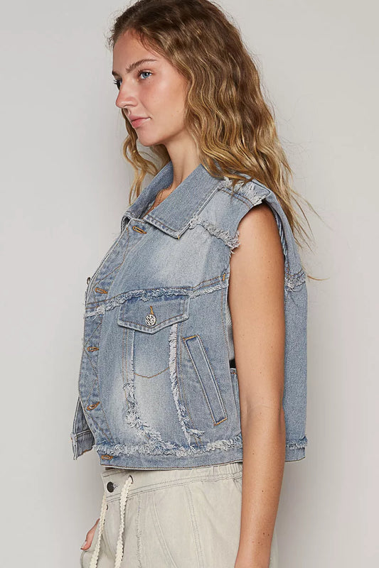 POL Assymetrical Front Closure Raw Hem Denim Vest - Sleekdenim.com