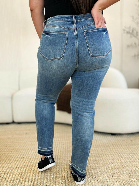 Judy Blue Full Size Mid Rise Rigid Magic Boyfriend Release Hem Jeans | Sleekdenim.com