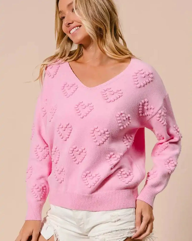 BiBi Valentines Heart Pompom V Neck Knit Top - Sleekdenim.com