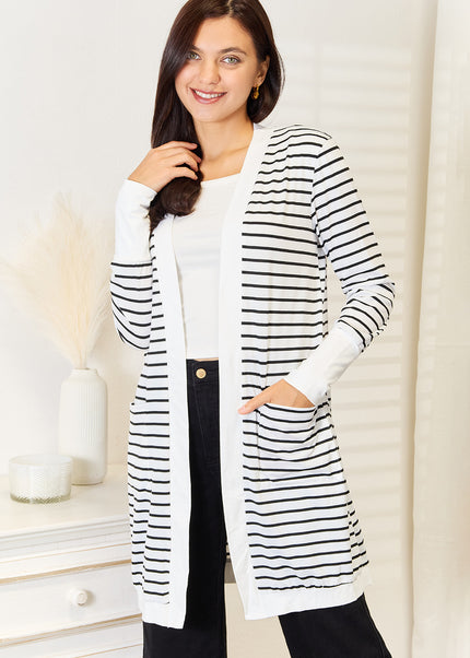 Double Take Striped Open Front Longline Cardigan - Sleekdenim.com