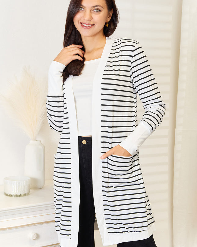Double Take Striped Open Front Longline Cardigan - Sleekdenim.com