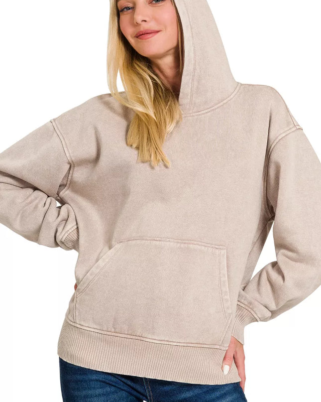 Zenana Fleece Acid Wash Kangaroo Pocket Hoodie - Sleekdenim.com