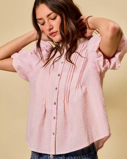 SO ME Gingham Lace Trim Button Bubble Sleeves Blouse - Sleekdenim.com
