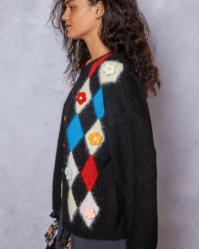 POL Button Down Diamond Pattern Round Neck Cardigan - Sleekdenim.com