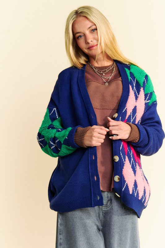 Davi & Dani Argyle V-Neck Dropped Shoulder Cardigan.