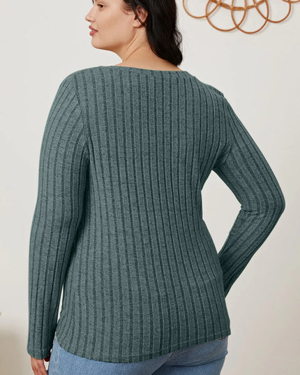 Basic Bae Full Size Ribbed V-Neck Long Sleeve T-Shirt - Sleekdenim.com