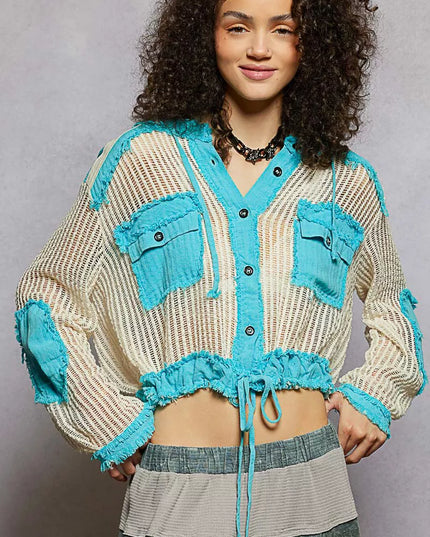 POL Texture Woven Button Down Hooded Shirt with Drawstring Hem - Sleekdenim.com