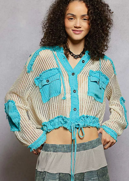 POL Texture Woven Button Down Hooded Shirt with Drawstring Hem - Sleekdenim.com