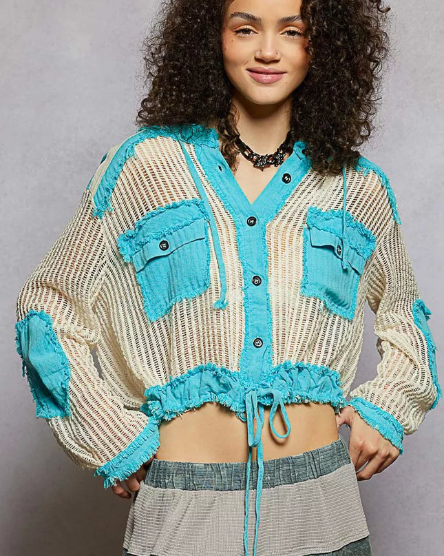 POL Texture Woven Button Down Hooded Shirt with Drawstring Hem - Sleekdenim.com