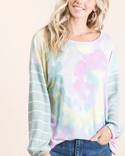 BiBi Tie Dye Terry Top with Wide Stripe Thermal Waffle - Sleekdenim.com