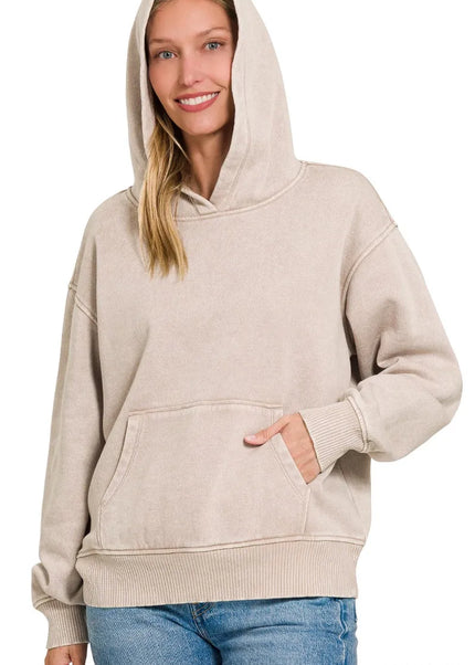 Zenana Fleece Acid Wash Kangaroo Pocket Hoodie - Sleekdenim.com