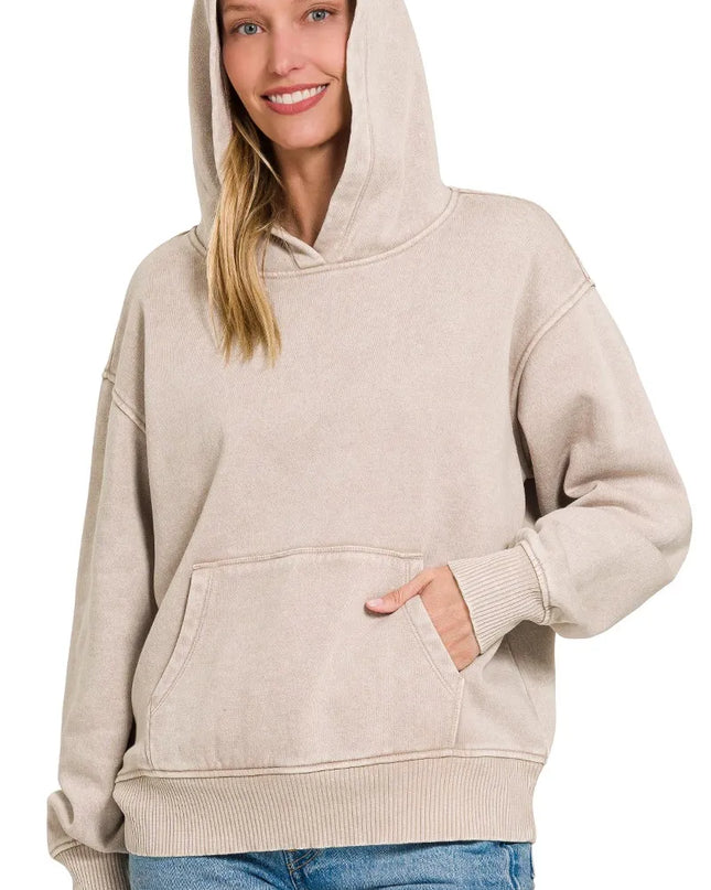Zenana Fleece Acid Wash Kangaroo Pocket Hoodie - Sleekdenim.com