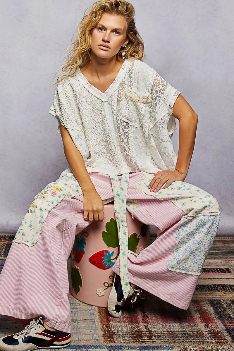 POL Asymmetrical V-Neck Short Sleeve Lace Top - 2