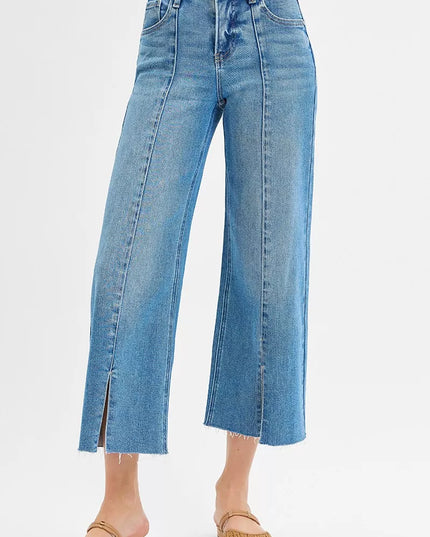 RISEN Tummy Control Mid Rise Crop Wide Front Slit Jeans - Sleekdenim.com