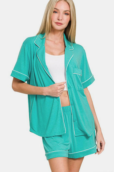 Zenana Button Down Short Sleeve Top and Shorts Lounge Set.