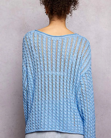 POL Openwork Round Neck Knit Top with Shiny Detail - Sleekdenim.com