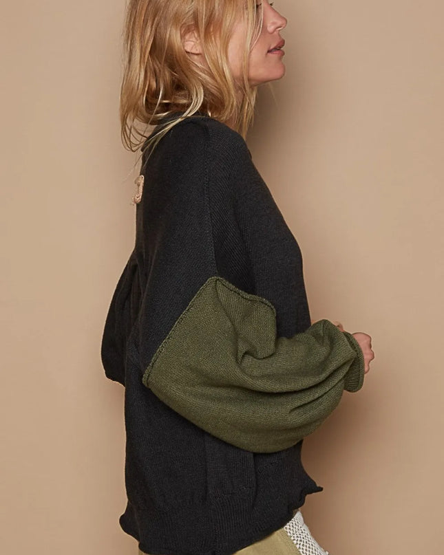 POL Color Block Roll Hem Hacci Sweater - Sleekdenim.com