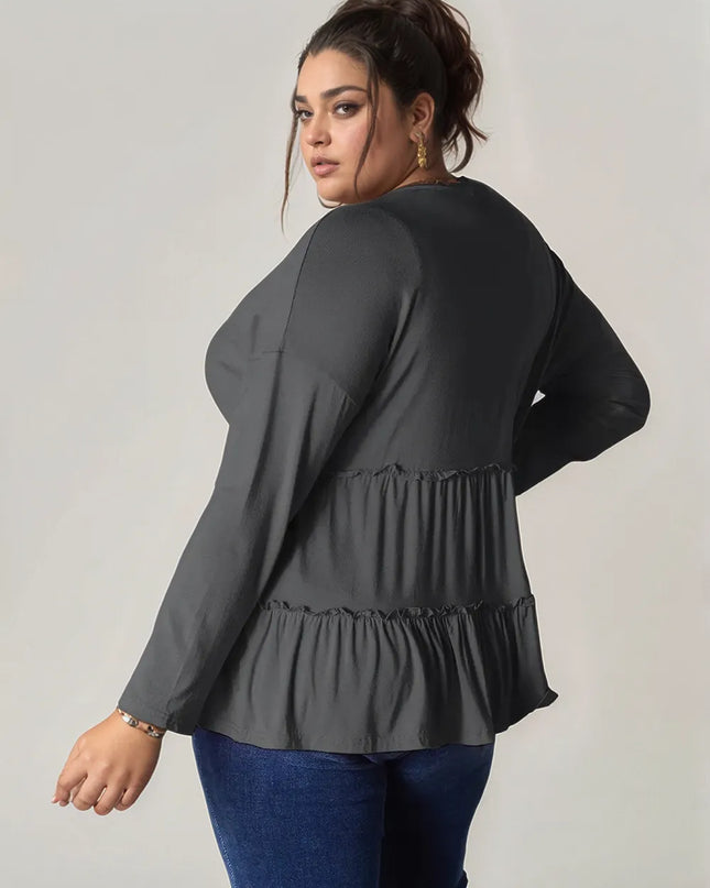 Double Take Half Button Long Sleeve Ruffle Hem Blouse - Sleekdenim.com