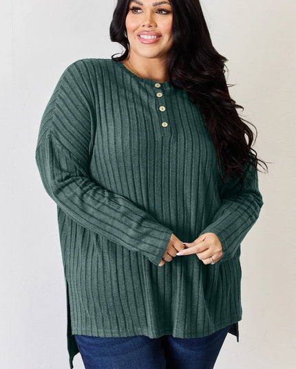 Basic Bae Full Size Ribbed Half Button Long Sleeve High-Low T-Shirt - Sleekdenim.com