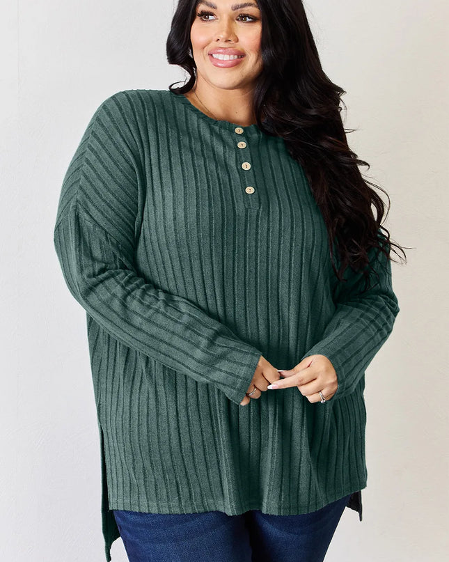 Basic Bae Full Size Ribbed Half Button Long Sleeve High-Low T-Shirt - Sleekdenim.com