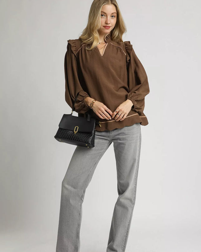 Umgee Ruffle Shoulder Long Sleeve Blouse - Sleekdenim.com